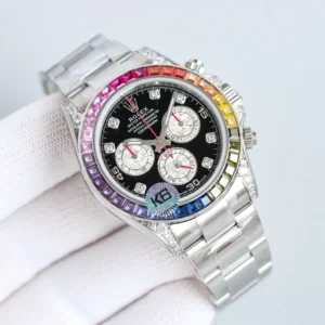 Rolex Daytona 116595RBOW black dial rainbow sapphire bezel stainless steel watch