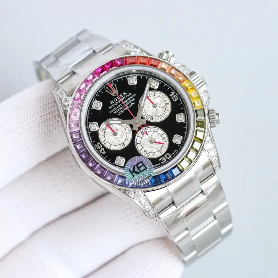 Rolex Daytona 116595RBOW black dial rainbow sapphire bezel stainless steel watch