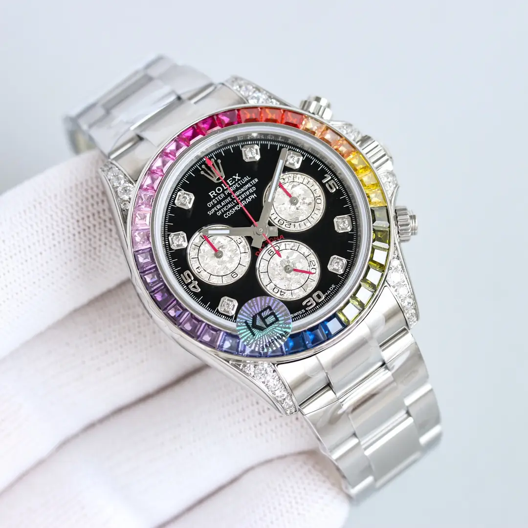 Rolex Daytona 116595RBOW black dial rainbow sapphire bezel stainless steel watch