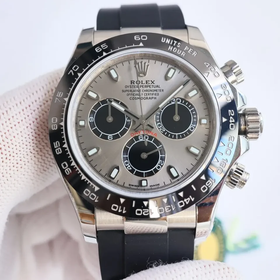 Rolex Daytona 116519LN silver dial ceramic bezel stainless steel case black rubber strap watch