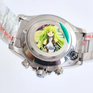 Rolex Daytona stainless steel watch with anime character hologram on case back and protective film on bracelet