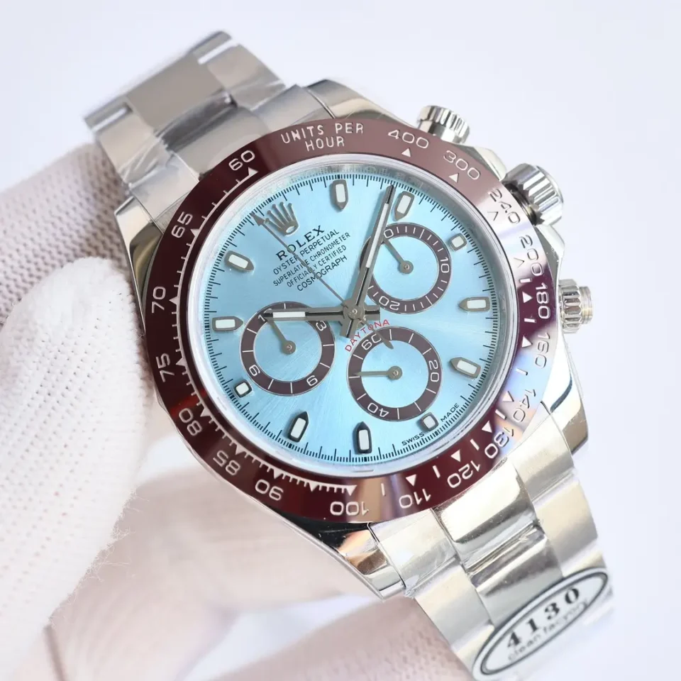 Rolex Daytona 116506 ice blue dial burgundy ceramic bezel platinum case watch