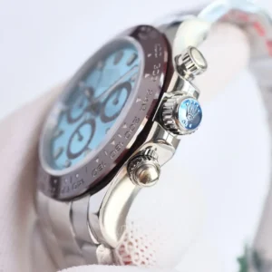 Rolex Daytona 116506 ice blue dial ceramic bezel platinum case watch close-up side view