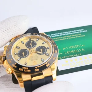 Rolex Daytona 116500LN gold dial ceramic bezel yellow gold case watch with black rubber strap