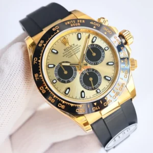 Rolex Daytona gold dial ceramic bezel yellow gold watch with black rubber strap