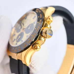 Rolex Daytona 116518LN champagne dial ceramic bezel yellow gold case watch with black rubber strap