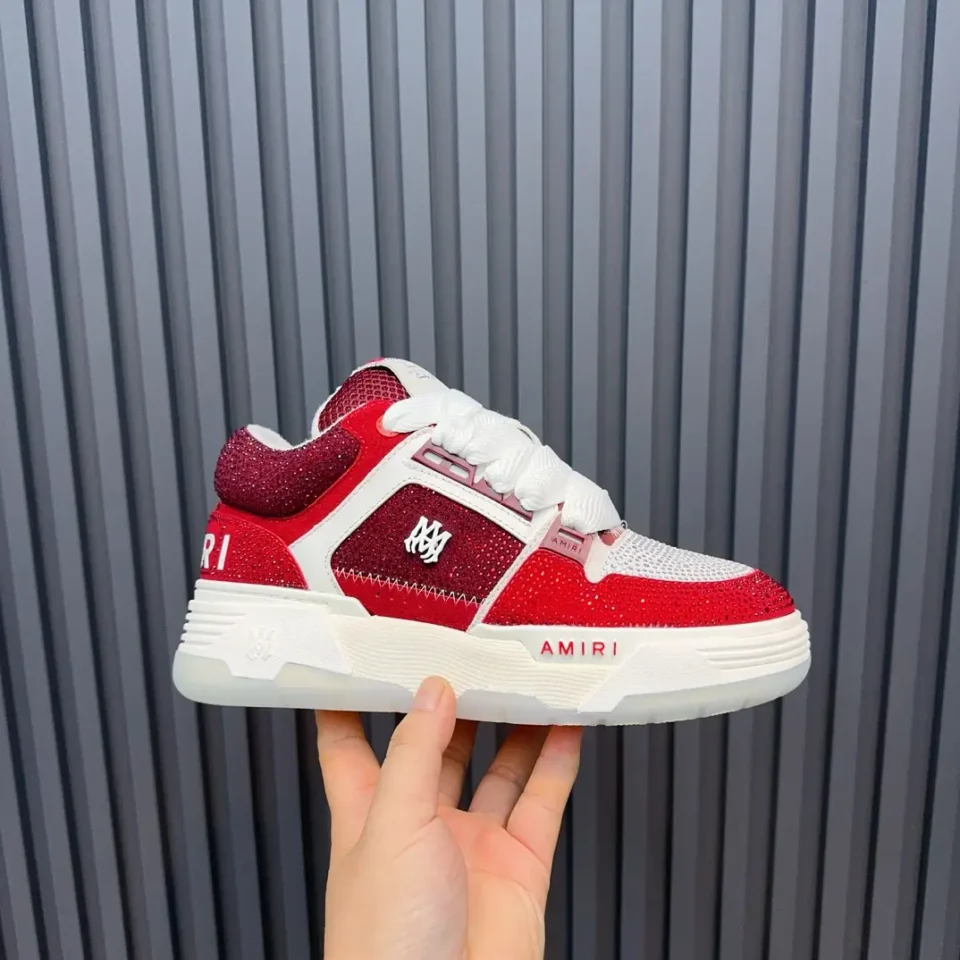 Amiri Skel Toe red white burgundy crystal-embellished mesh leather sneakers