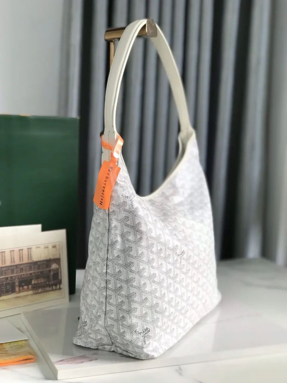 Goyard St. Louis PM 42 white chevron canvas tote bag cream leather trim