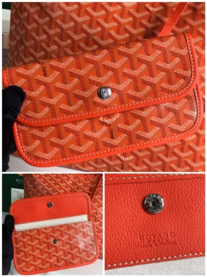 Goyard Hobo Boh è Me Stray Bag in vibrant orange with signature pattern, featuring a detachable wallet and detailed stitching, showcasing luxury design and casual style.