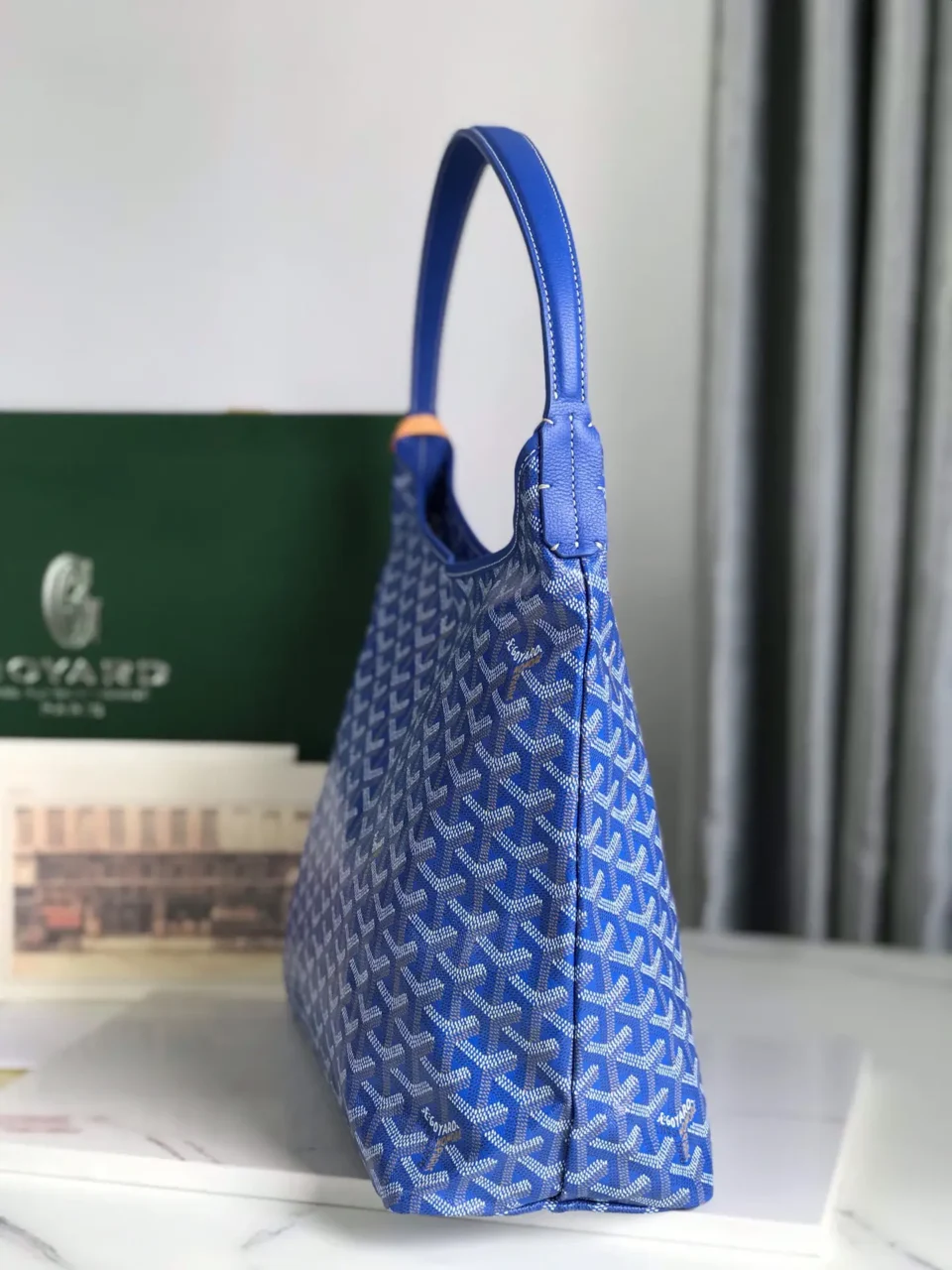 Goyard Saint Louis PM tote bag blue coated canvas with leather trim medium size