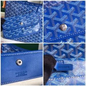 Goyard Hobo Boh è Me Stray Bag in blue, featuring signature pattern, close-up of snap button, and logo details, highlighting luxury design and craftsmanship.