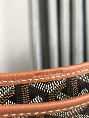 Close-up of the Goyard Hobo Bohème Stray Bag interior showing the "MADE IN FRANCE" label and intricate patterned fabric, emphasizing luxury craftsmanship and brand authenticity.