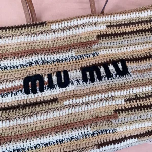 Miu Miu crochet tote bag striped beige brown white multicolor woven fabric with leather handles