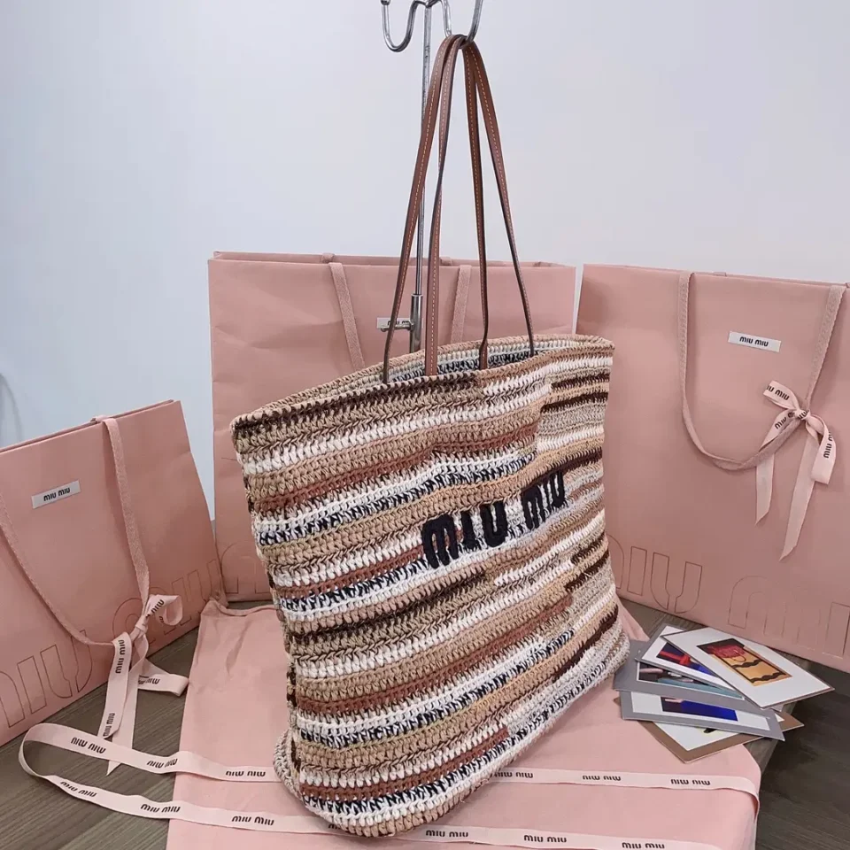 Miu Miu tote bag large striped beige brown white crochet material with leather handles