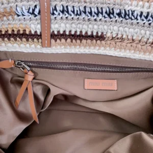 Miu Miu woven tote bag beige brown canvas leather trim interior zip pocket lining