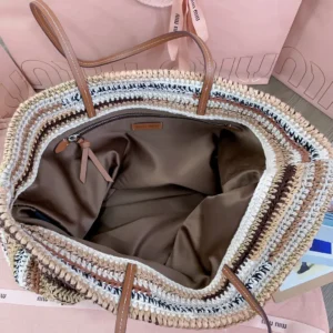 Miu Miu crochet tote bag large size beige white brown cotton with leather handles and inner zip pocket