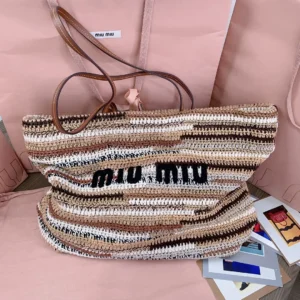 Miu Miu woven tote bag medium size beige brown white crochet with leather straps