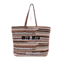 Handmade cotton weaving tote bag with multicolored stripes and "miu miu" logo, featured in RepsGoat's designer replica bags collection.