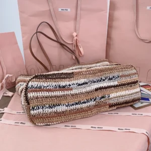 Miu Miu crochet tote bag medium multicolor brown beige leather handles handcrafted design