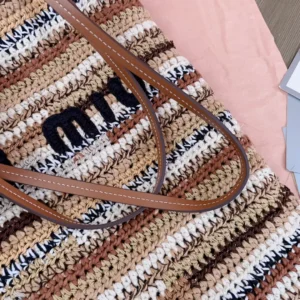 Miu Miu crochet tote bag beige brown multicolor cotton with brown leather straps and stitch details