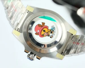 Rolex Submariner 116610LN black dial ceramic bezel stainless steel watch showing the engraved case back with cartoon sticker