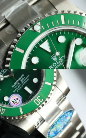 Rolex Submariner 116610LV green dial ceramic bezel stainless steel watch with oyster bracelet close-up details