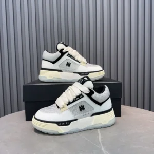 Amiri Skelet-Low Style AMIRI-V21 white black mesh leather sneakers with cream sole