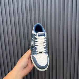 Amiri Low-Top sneakers white blue denim leather athletic shoe with perforated toe box and lace-up design