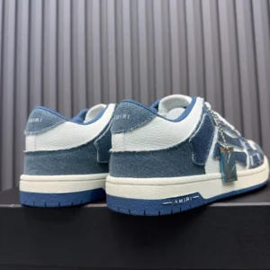 Amiri Skel Top low sneakers blue white denim leather with logo tag on heel and sole text