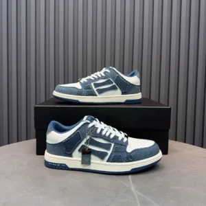 Amiri Skel Top Low blue white denim leather sneakers with white laces and silver tag