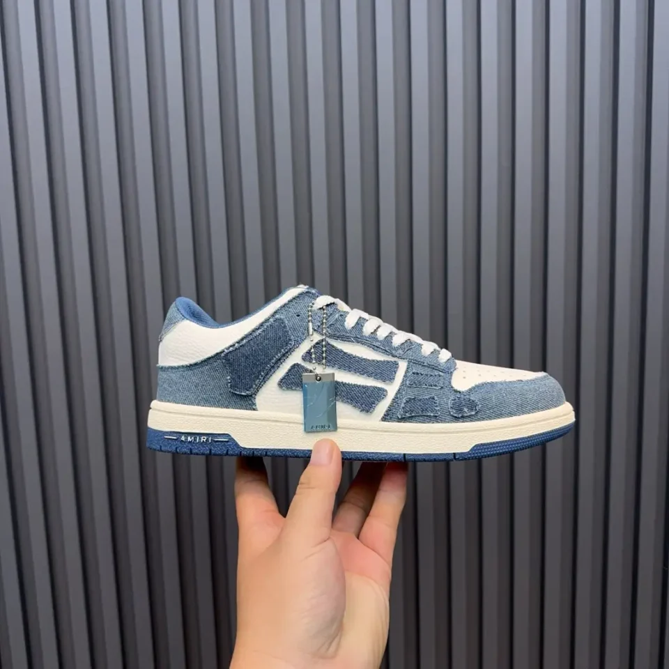 Amiri Skel Toe Denim white blue leather sneakers with denim overlays and white sole