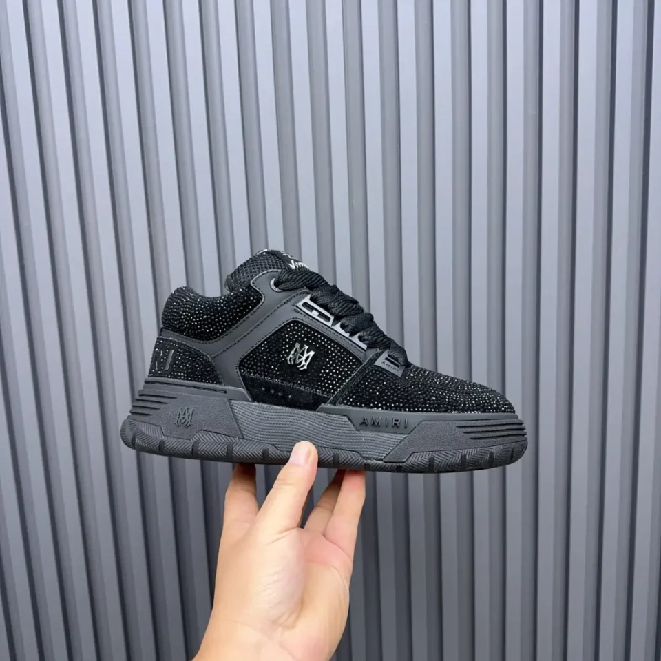 Amiri Skeleton black colorway crystal-embellished suede and leather sneakers