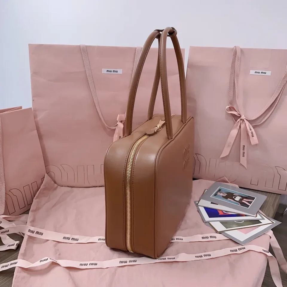 Miu Miu leather bag medium tan brown smooth leather with gold zipper and double handles