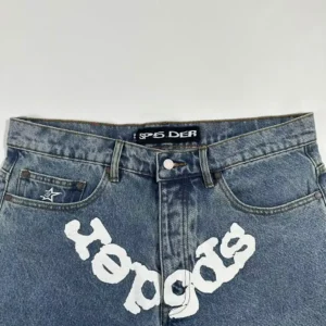 SP5DER White Logo Blue Cowboy Shorts featuring distinctive white logo design and denim texture, showcasing high-quality replica apparel.