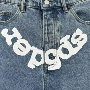 SP5DER White Logo Blue Cowboy Shorts featuring distinctive white logo design on denim fabric.