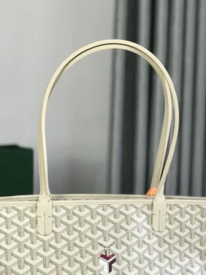 Goyard White Tote Bag featuring signature pattern, dual handles, and logo detail, showcasing luxury replica craftsmanship and design.