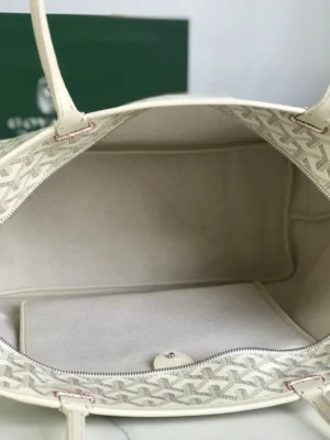 Goyard White Tote Bag interior view showcasing spacious design, high-quality fabric, and zipper compartment for secure storage.