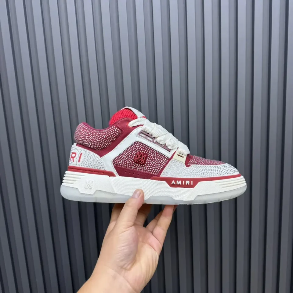 Amiri Gradient Low white red crystal-embellished leather sneakers with mesh detailing