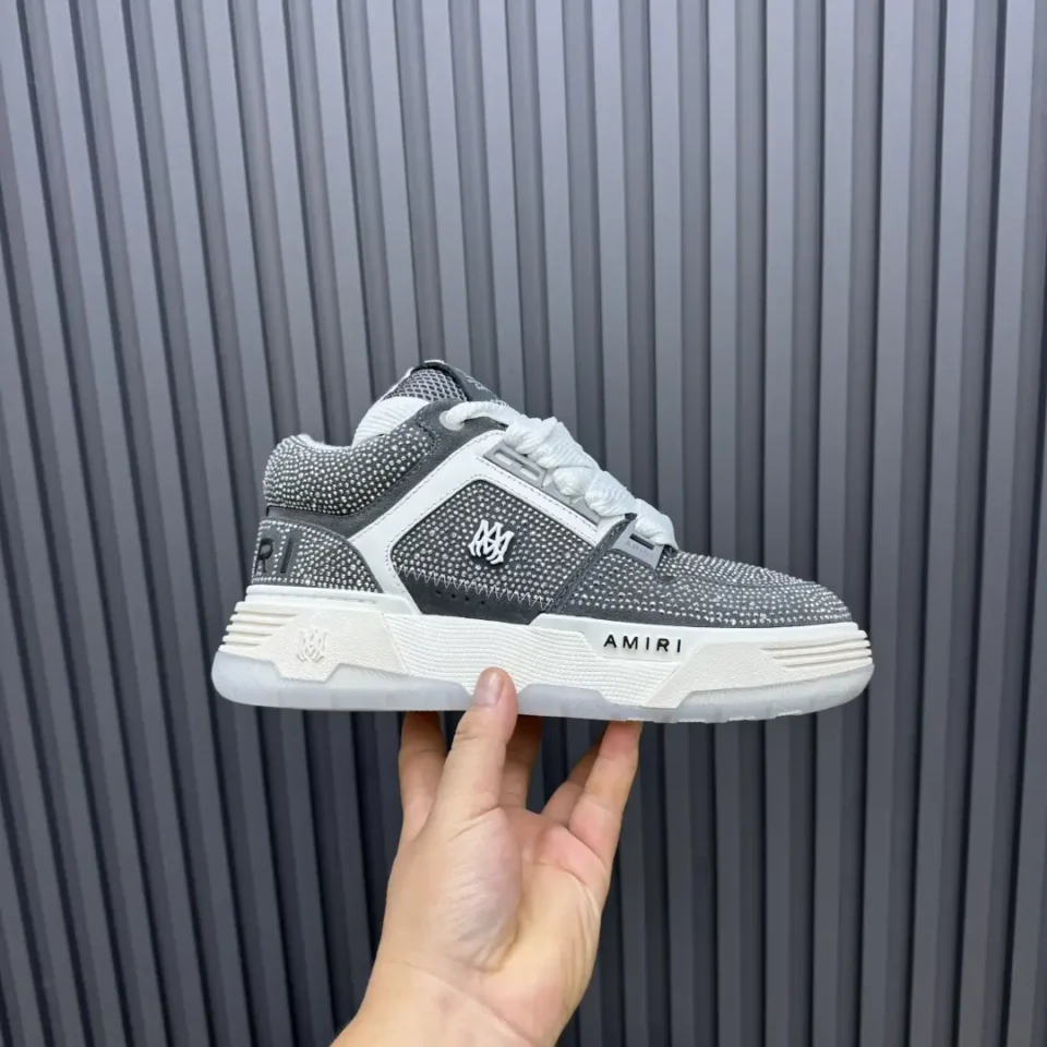 Amiri Skel Top sneaker grey white crystal-embellished leather and mesh sneakers