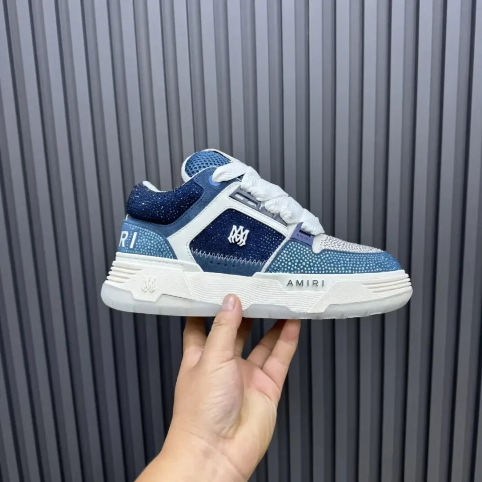 Amiri Skel Top sneaker blue white leather mesh low-top with crystal embellishments