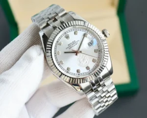 Rolex Datejust silver dial fluted bezel stainless steel case and bracelet watch with diamond hour markers