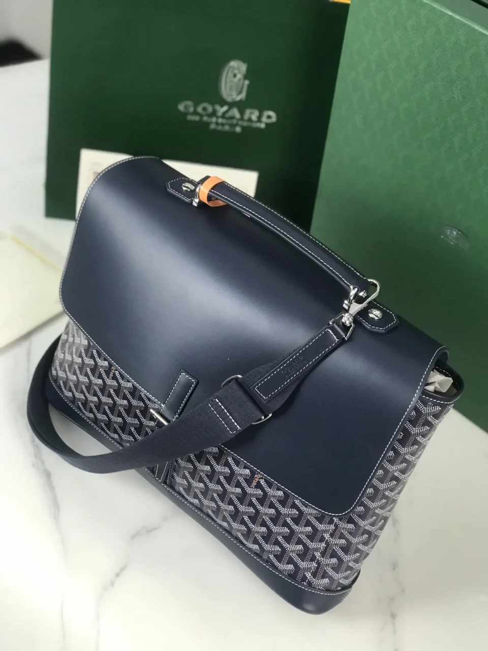 Goyard Saigon 38 navy blue black leather and signature canvas top handle bag with adjustable strap