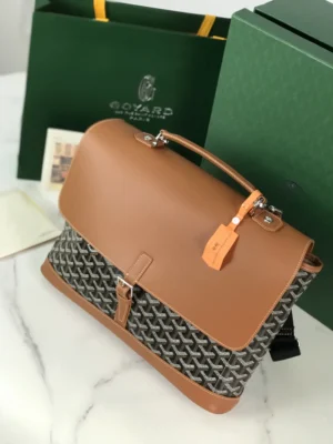 Goyard Saigon 35 bag brown leather with signature black and white canvas pattern large size satchel bag
