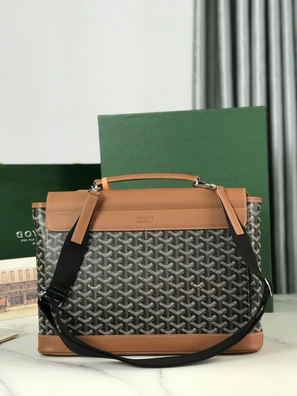 Goyard Saigon 38 brown leather and coated canvas briefcase with black adjustable strap