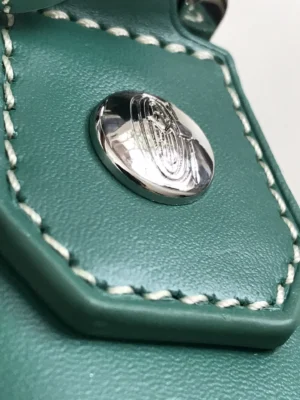 Close-up of Goyard Citadin Mailman Bag's logo and smooth leather detailing, showcasing luxury craftsmanship and quality materials.