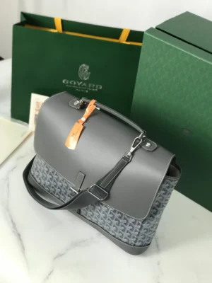 Goyard Citadin Mailman Bag in gray leather and canvas, featuring a detachable shoulder strap, displayed with Goyard packaging, highlighting luxury design and versatility.