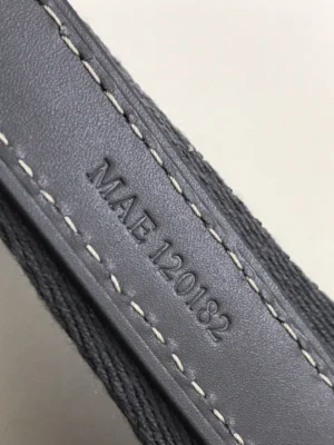 Goyard Citadin Mailman Bag strap detail featuring embossed serial number MAE 120182 and contrasting stitching on smooth leather.