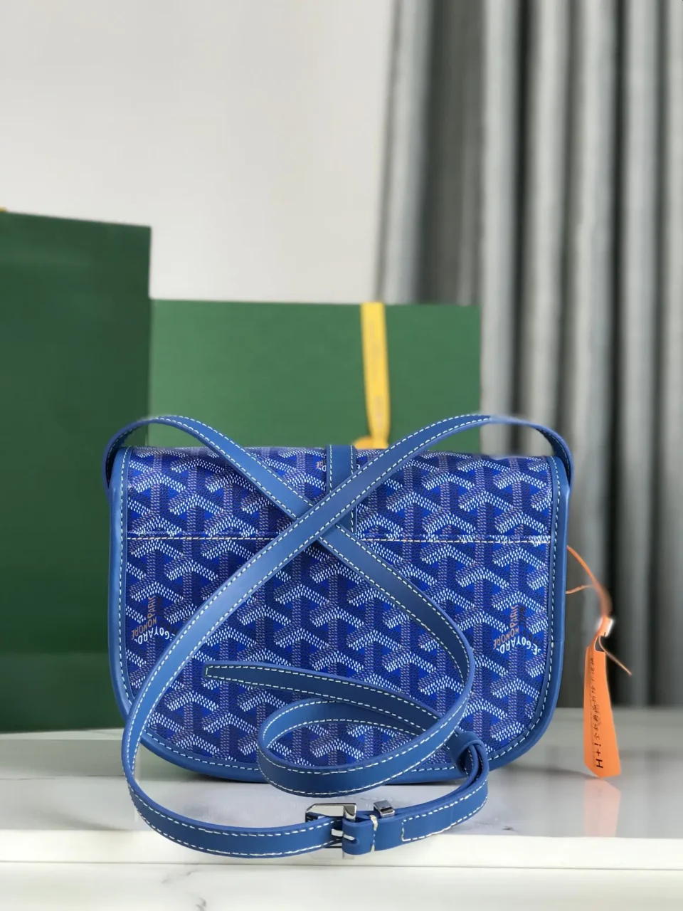 Goyard Saint Louis PM MNG Blue monogram canvas crossbody bag with blue leather trim and adjustable strap