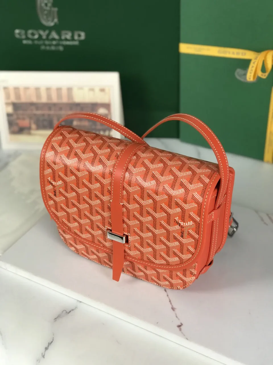 Goyard Belvedere PM crossbody bag orange coated canvas leather trim silver buckle clasp