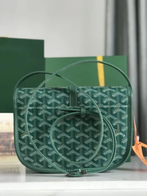 Green Goyard Belv é d è re 2 crossbody bag with silk ribbon, featuring signature pattern, adjustable strap, and minimalist design, showcased against a neutral background.